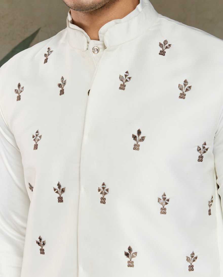 61103-WHITE  - Ivory Embroidered Kurta Set for Men